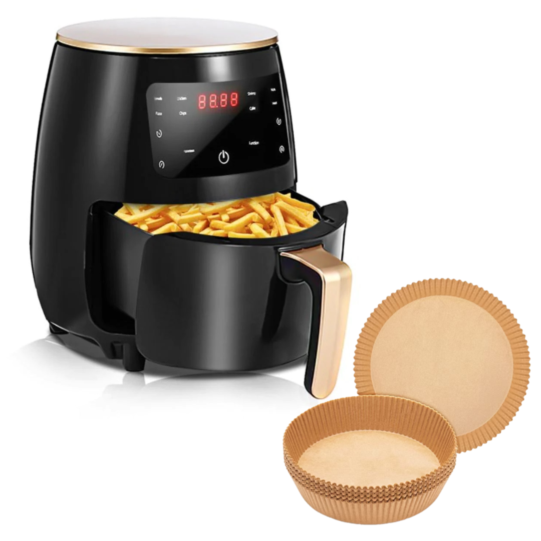 Air Fryer - Friteuza fara Ulei 6 Litri air fryer, Display Digital, 2400 W, Functie de Coacere + Set 50 hartii de Copt pentru Friteuza 16 cm