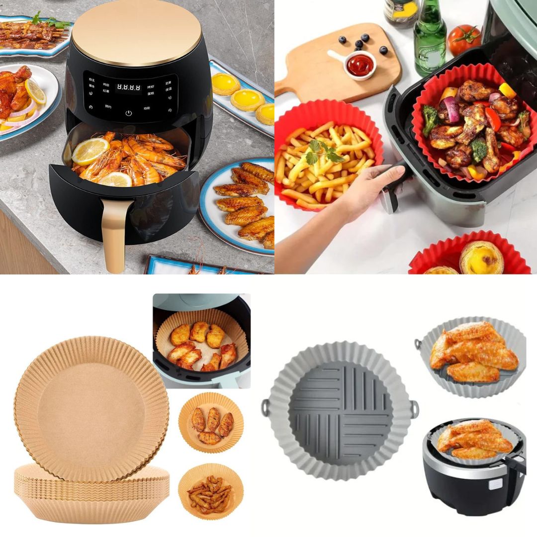 Air Fryer - Friteuza fara Ulei 6 Litri, Display Digital, 2400 W, Functie de Coacere + Set 50 hartii de Copt + 2 x Forma din Silicon Reutilizabila